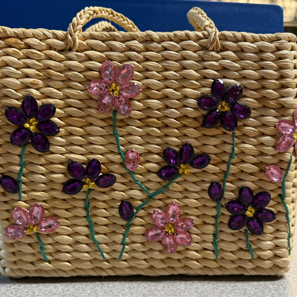 Elegant Woven Tote with Floral beaded Accents Grandmacore